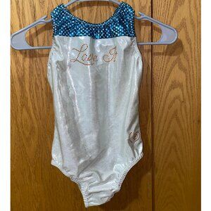 "Love It" White and Blue Shimmery Gymnastics Leotard